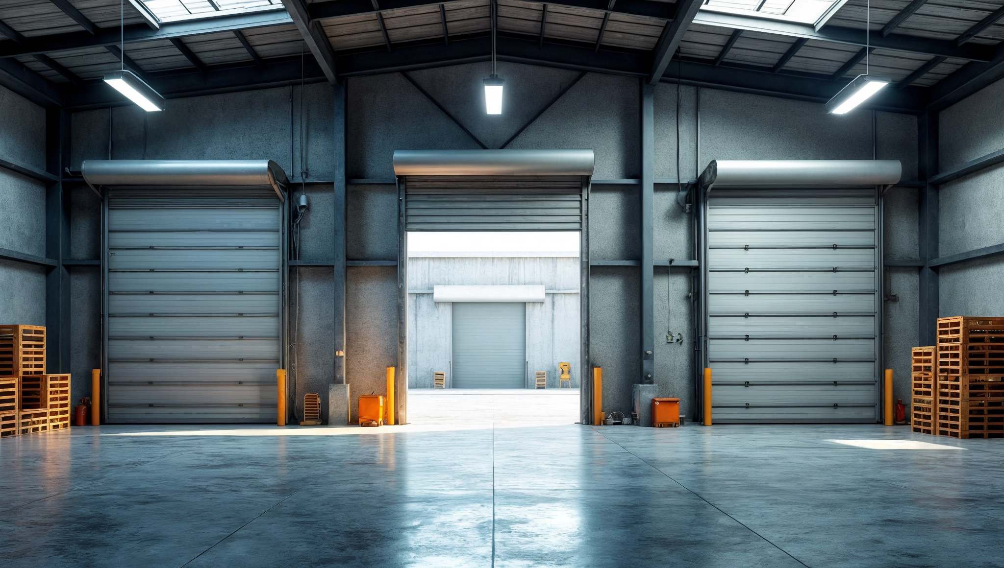Imagen tomada desde el interior de una nave industrial con tres puertas enrollables metálicas. Instalación ideal para carga, descarga y acceso seguro en espacios logísticos o almacenes. Solución resistente y funcional para uso industrial.